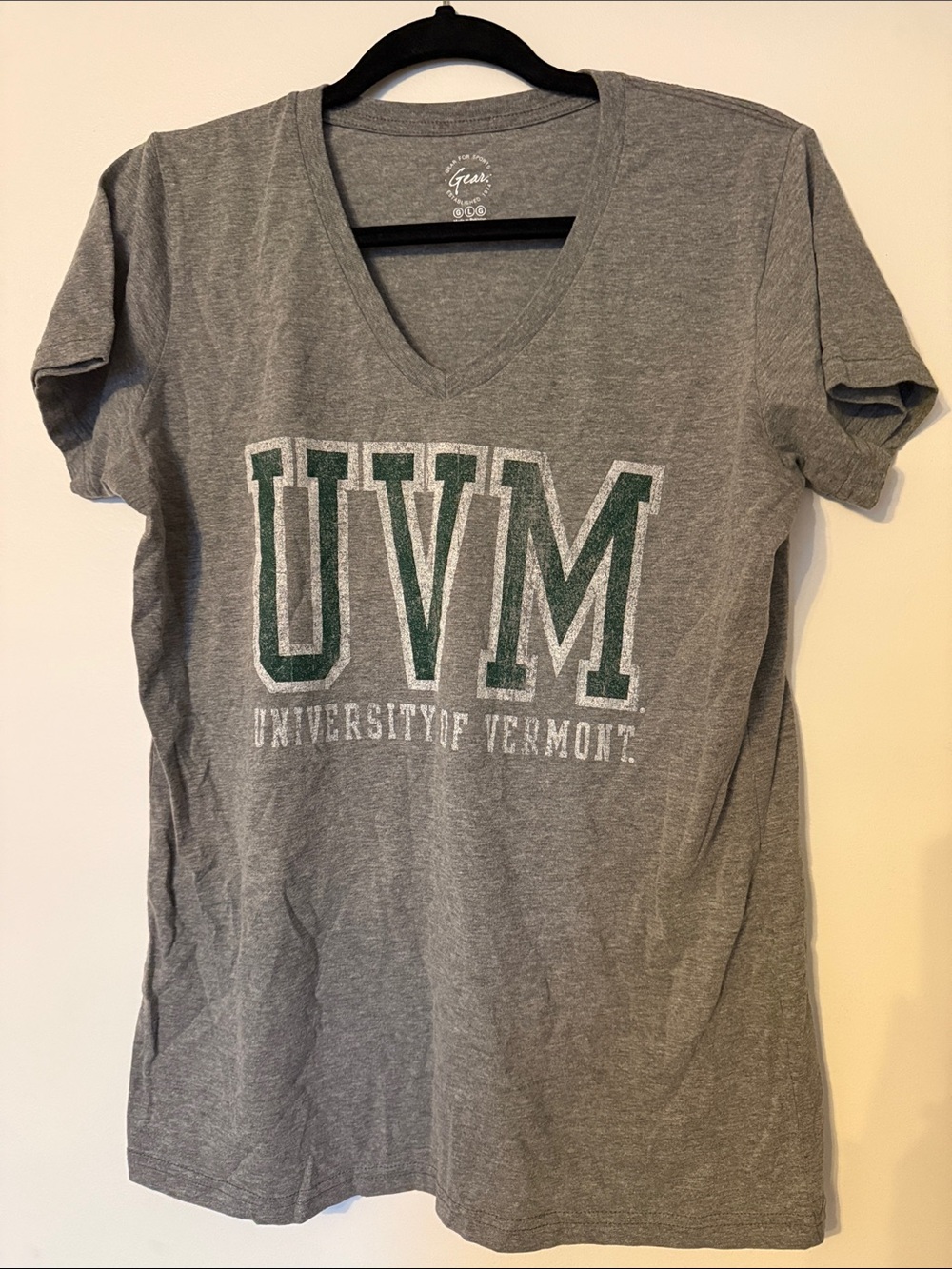 Gear For Sports Gray V-Neck Tee with Green UVM Letters